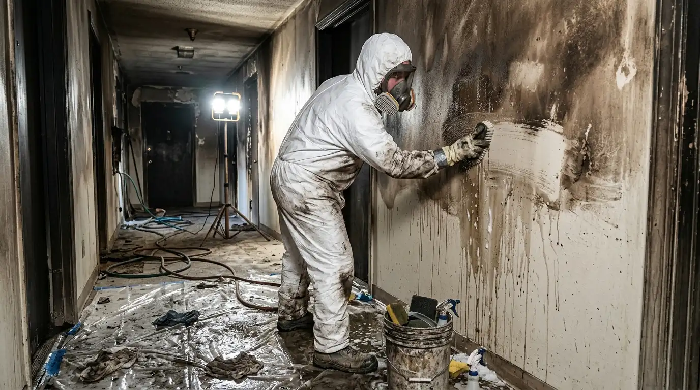 Protected technician cleaning a smoke-stained hallway