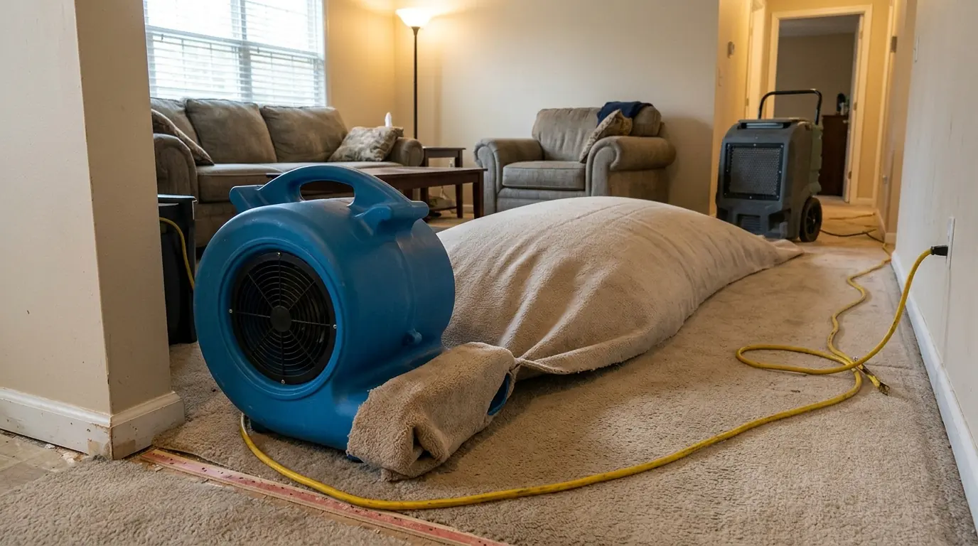 Air mover floating a wet carpet to dry it
