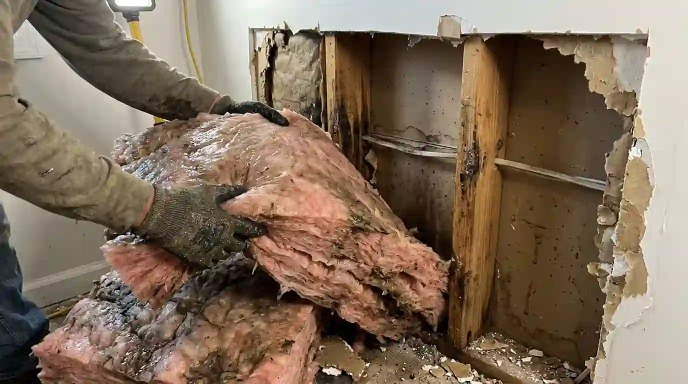 Wet insulation pulled from a wall cavity