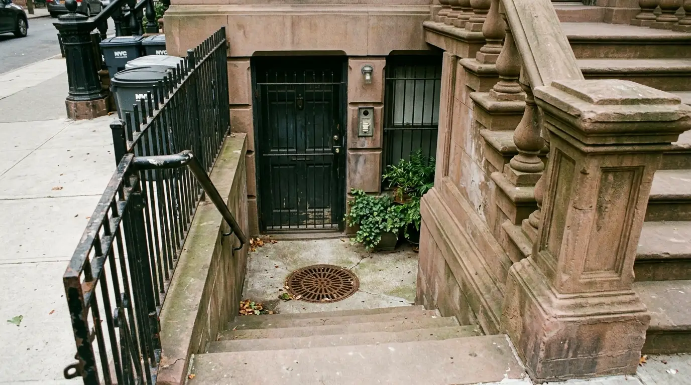 Garden-level entrance below a Brooklyn brownstone stoop