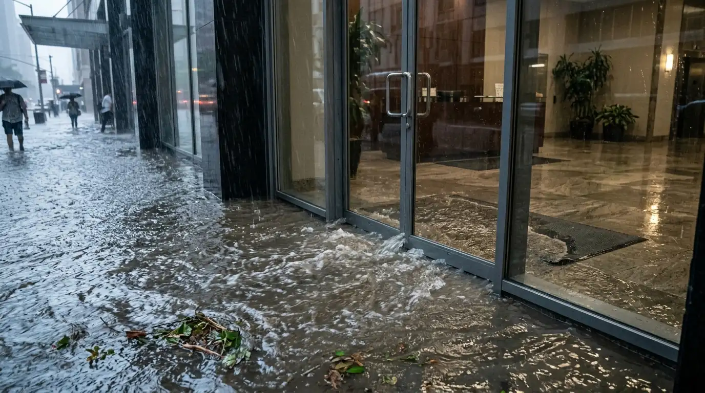 Flood water entering a building lobby in heavy rain