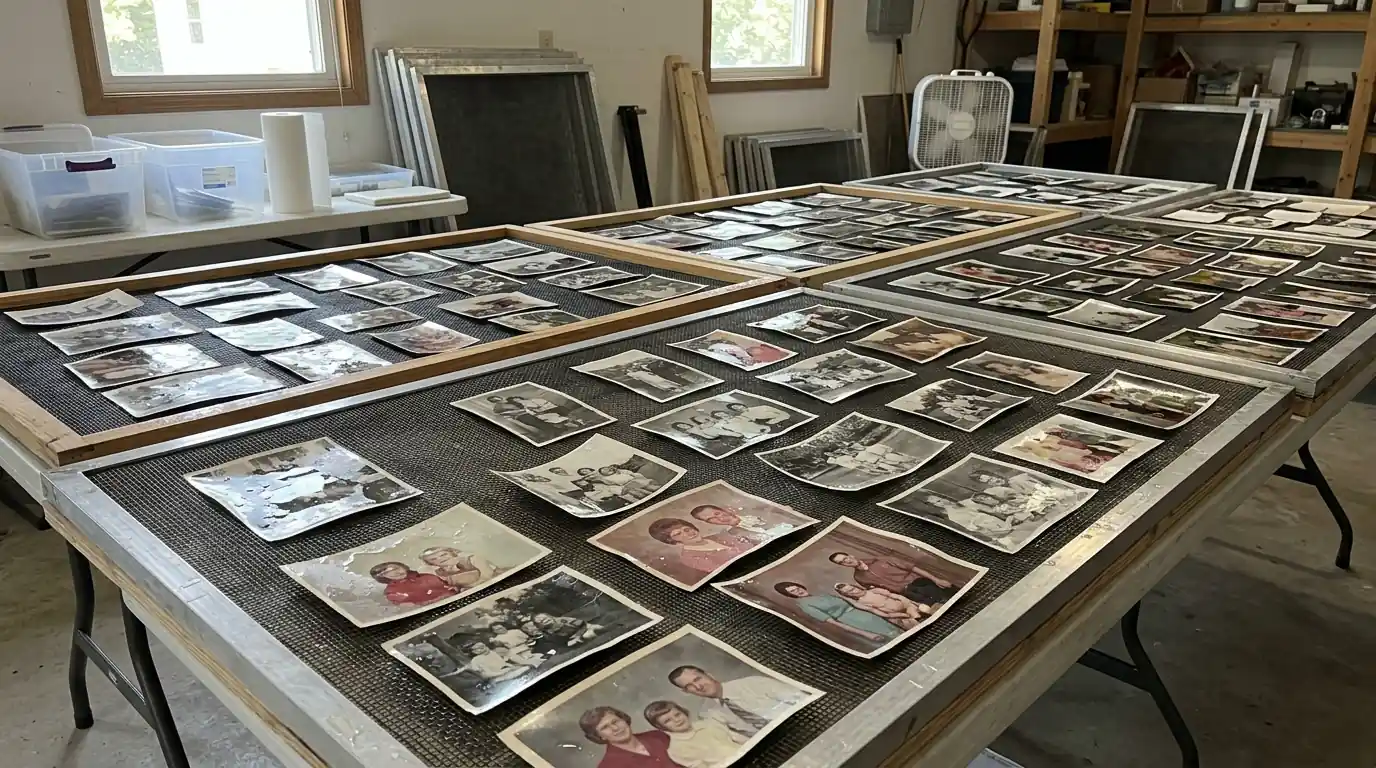 Wet photographs drying face up on screens