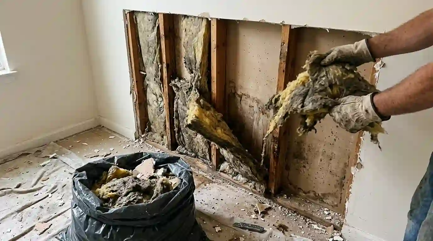 Wet insulation removed from an opened wall cavity