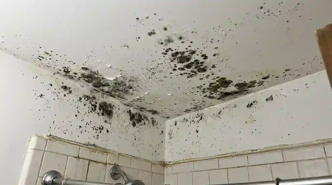 Mold on a bathroom ceiling above a shower