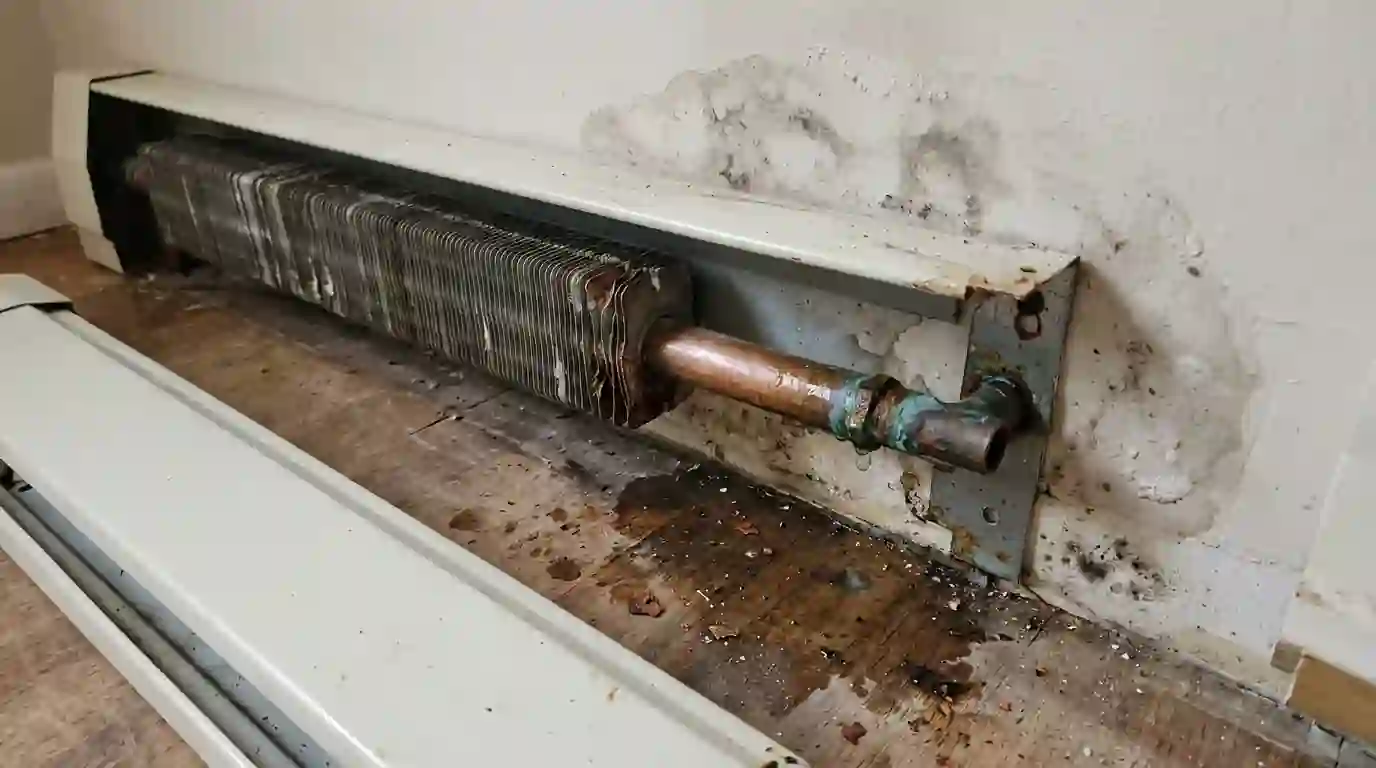 Wet copper line behind a baseboard heater cover
