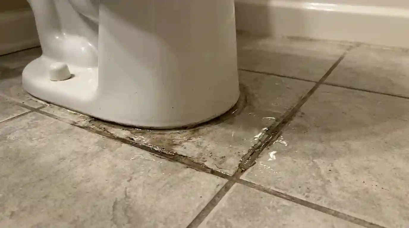 Water around the toilet flange on a tiled floor