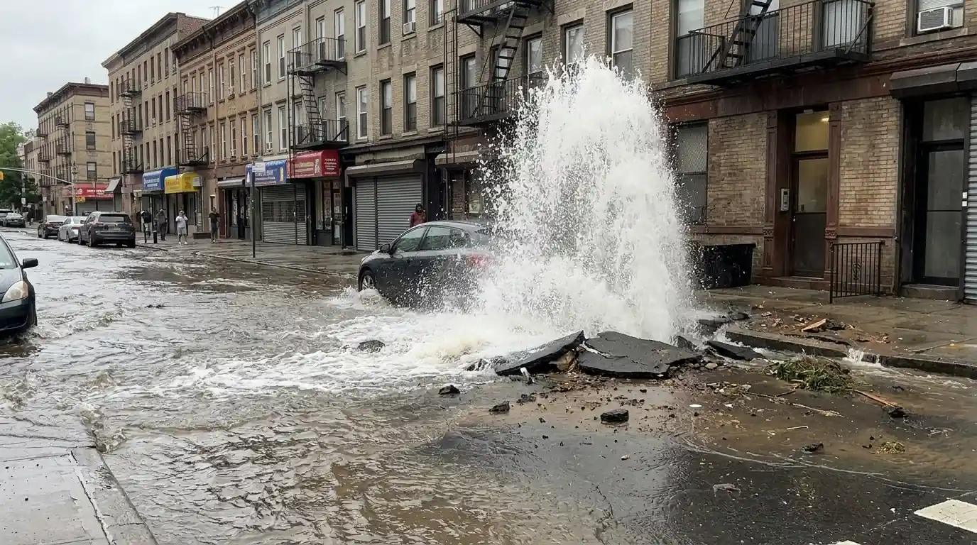 Water from a broken street main beside buildings