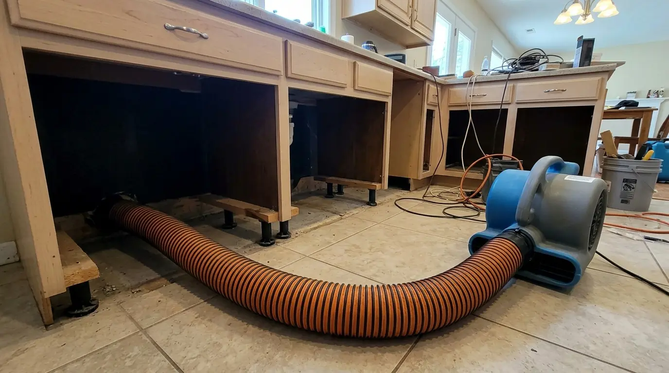 Air drying the space under kitchen cabinets after a leak
