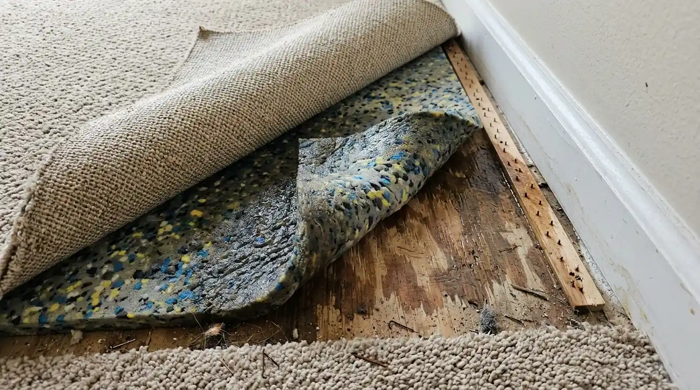 Soaked carpet pad under folded-back carpet