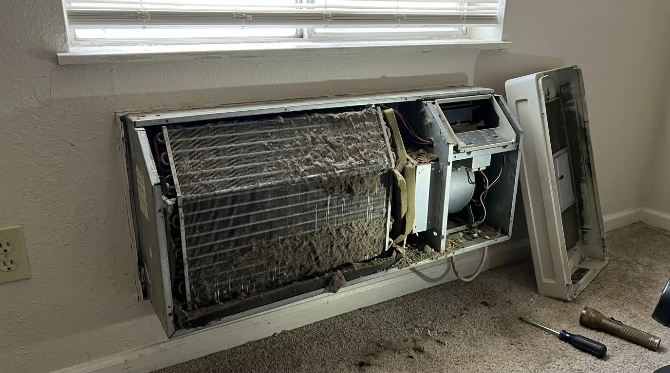 Open PTAC unit with a dirty coil