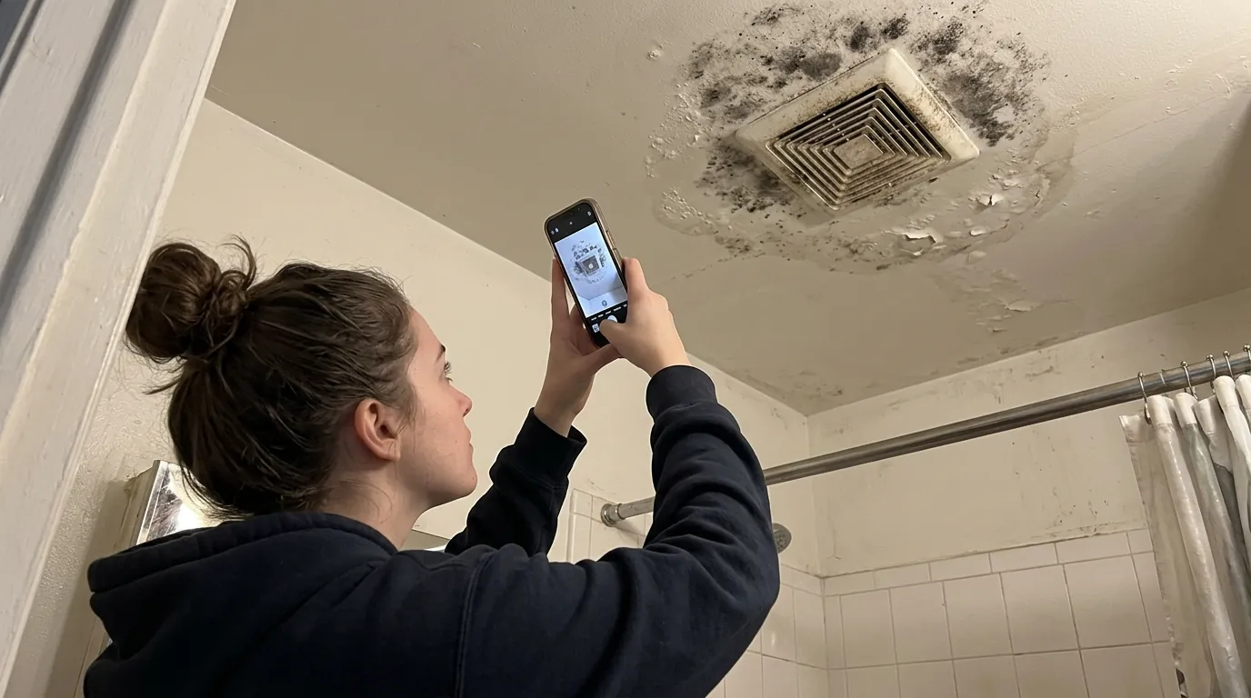 Tenant photographing mold on a bathroom ceiling