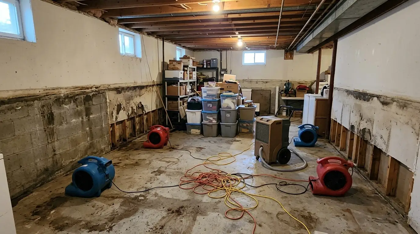 Basement in a White Plains house being dried after a flood