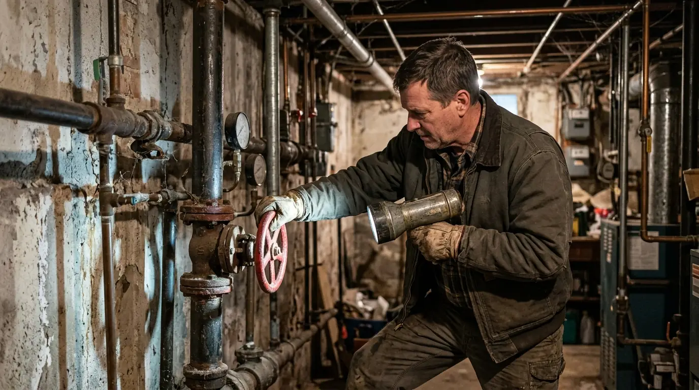 Building super closing a riser valve in a basement