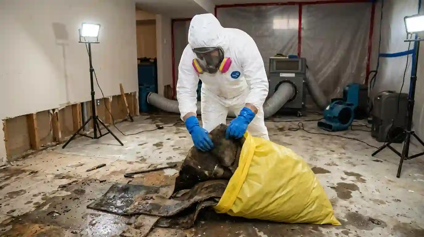 Technician bagging sewage-soaked carpet