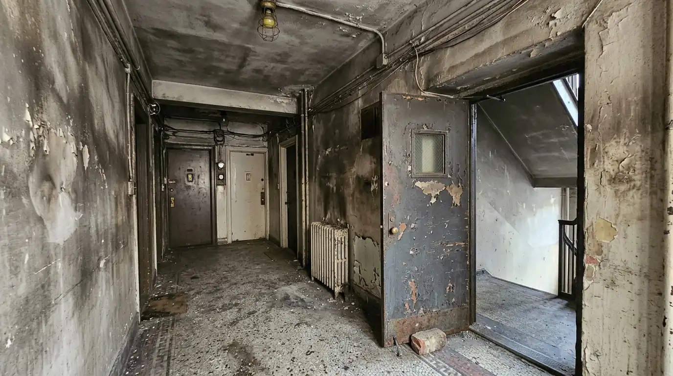 Smoke-stained apartment hallway in a Bronx building