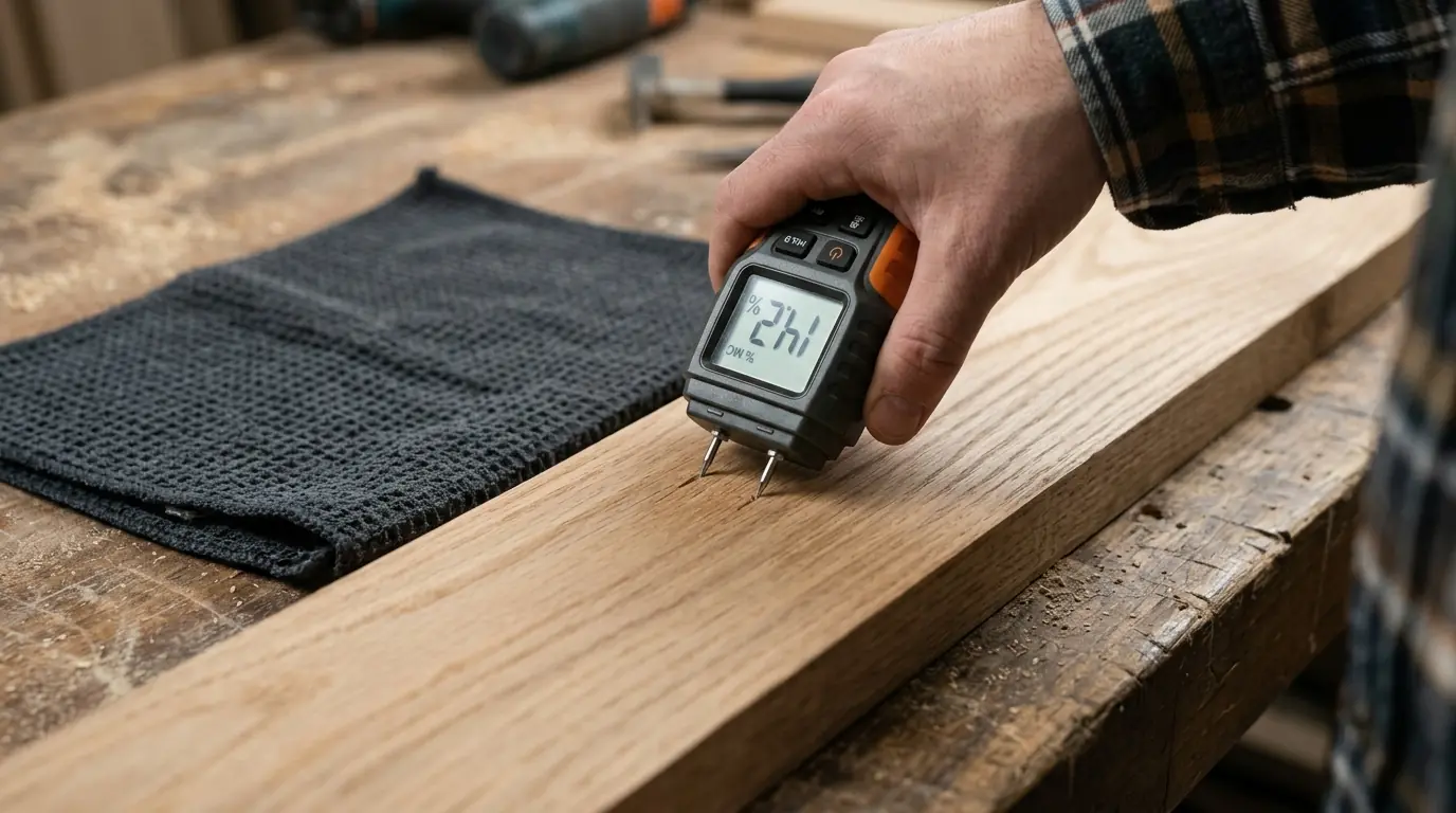 Moisture meter reading on a hardwood board
