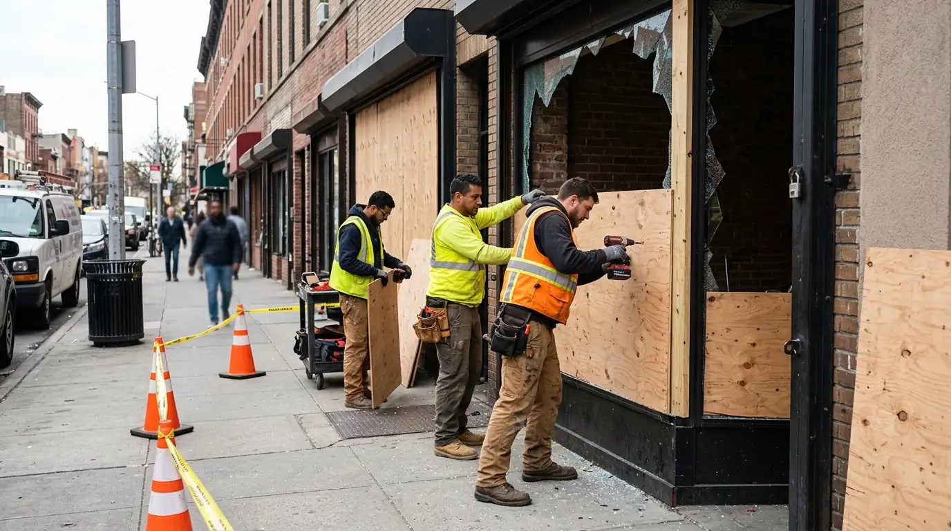Crew fastening plywood over a broken shop window
