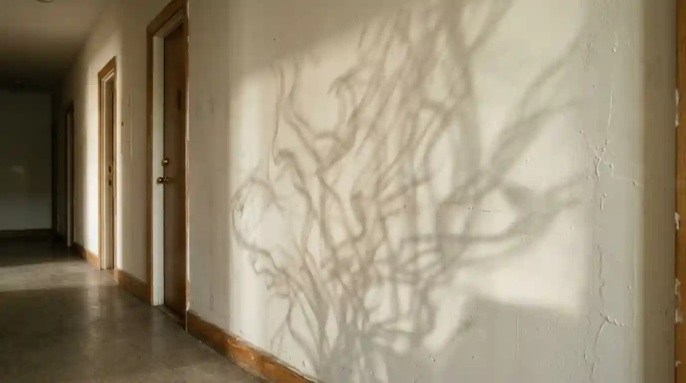 Smoke shadow lines around a door frame in a hallway