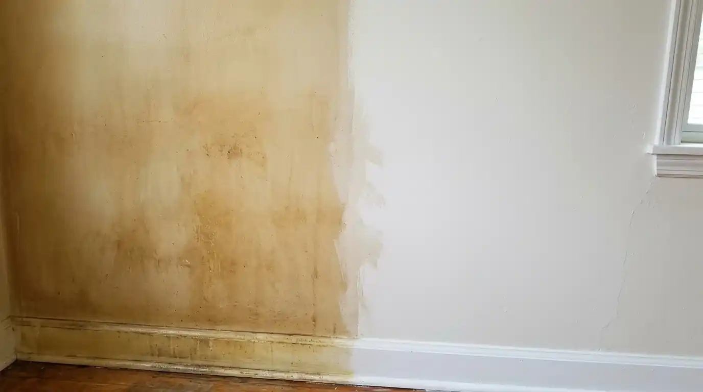 Nicotine-stained wall beside a cleaned section