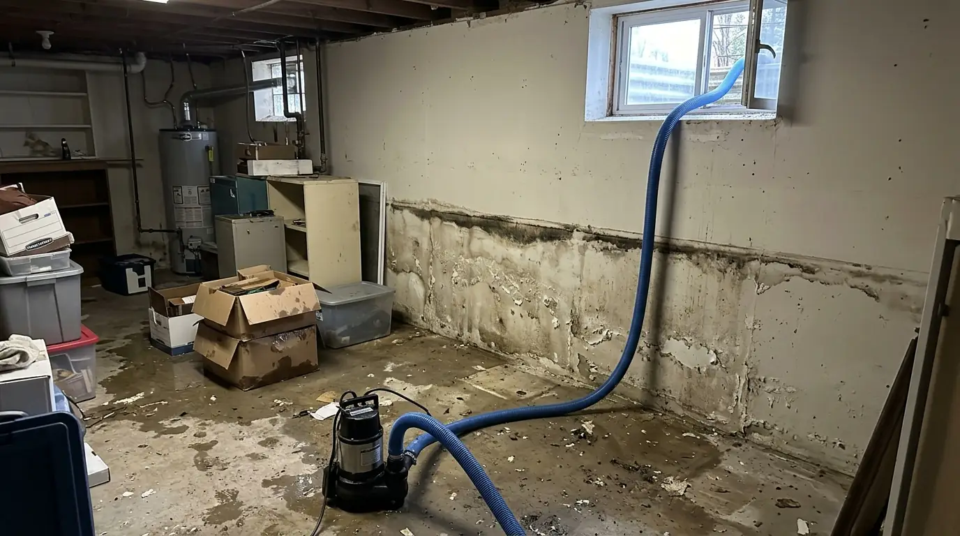 Flooded Staten Island basement with a pump running