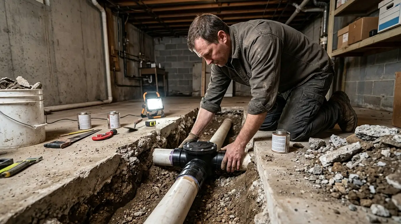Backwater valve being installed on a building sewer line