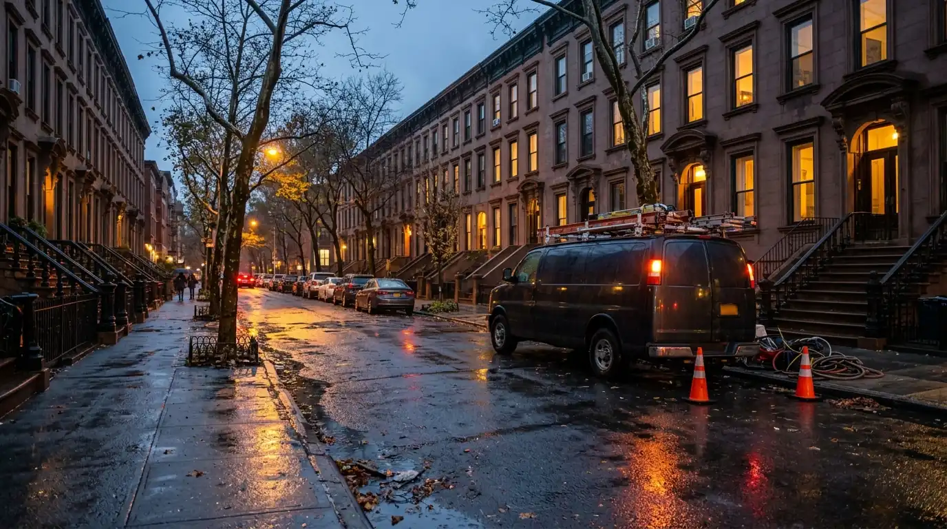 Brownstone block in New York on a wet evening