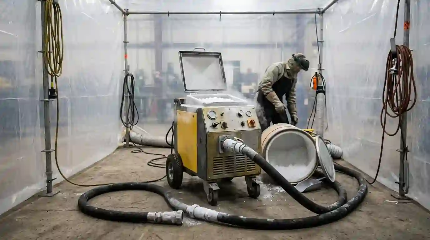 Dry ice blasting machine in a contained area