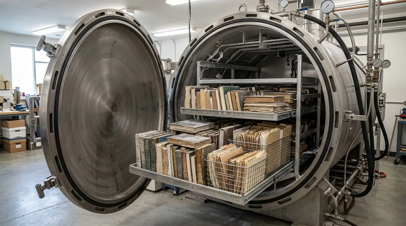 Freeze-drying chamber with books and files