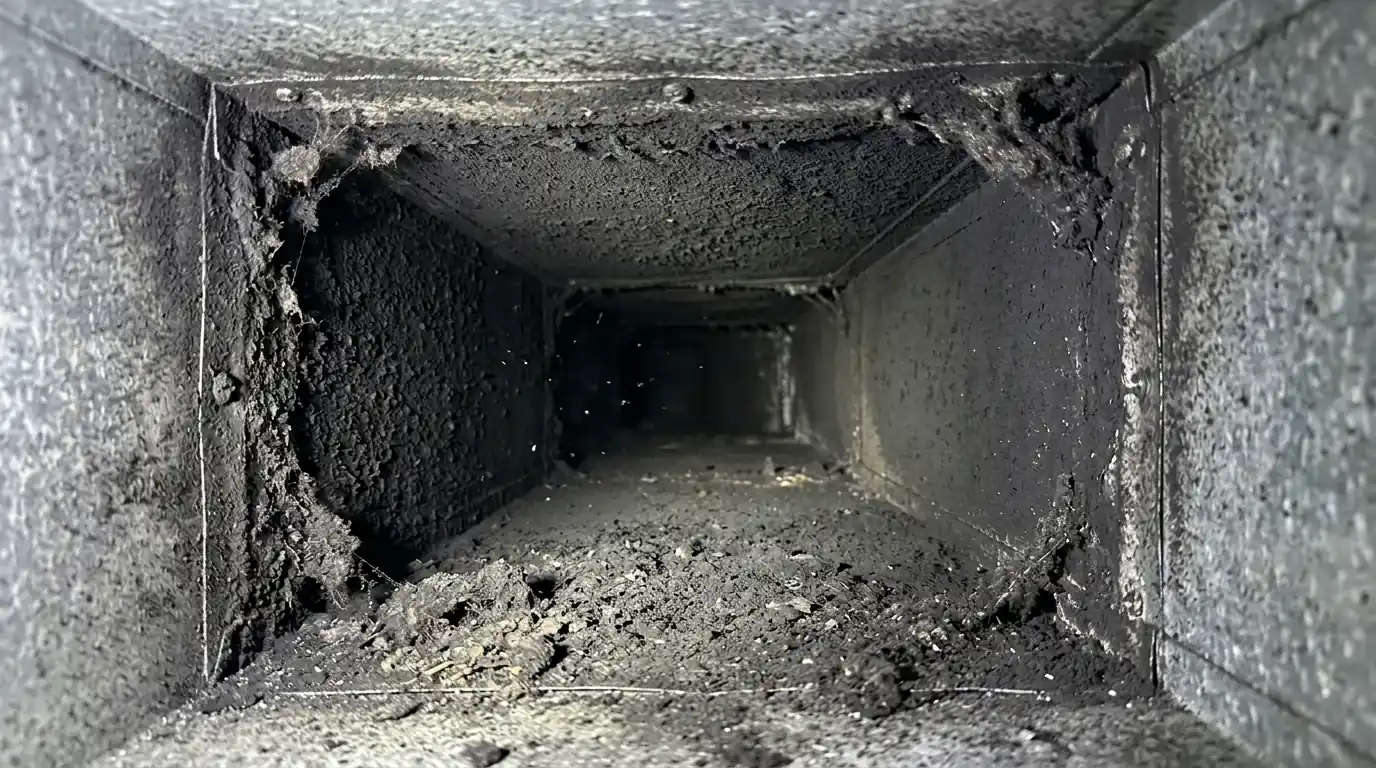 Soot inside a supply duct before cleaning