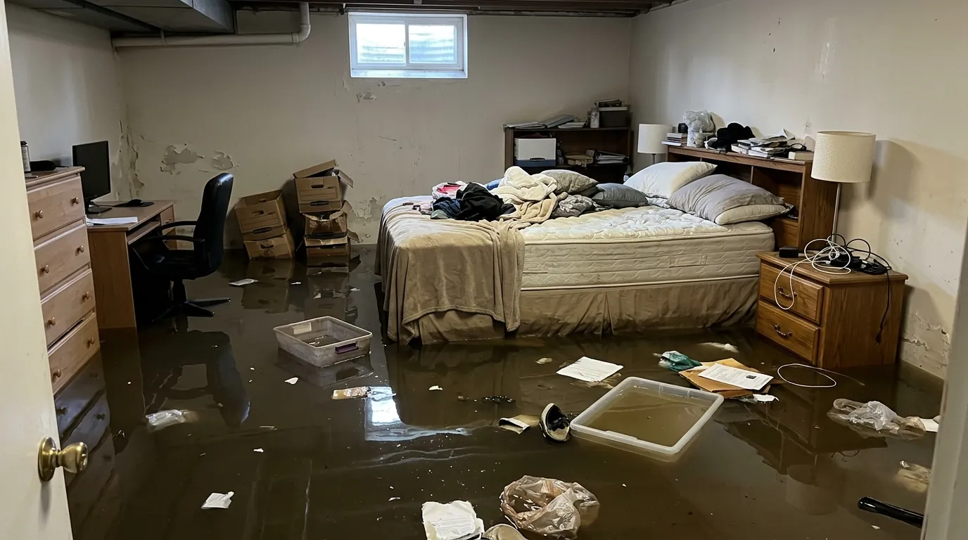Flooded basement apartment bedroom