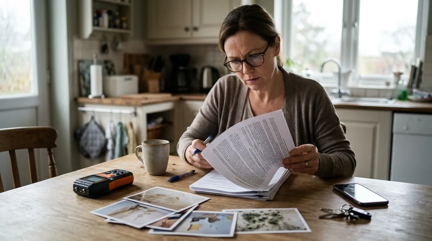 Reviewing an insurance policy beside water damage photos