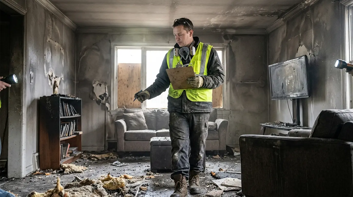 Walking through a smoke-damaged living room with a technician