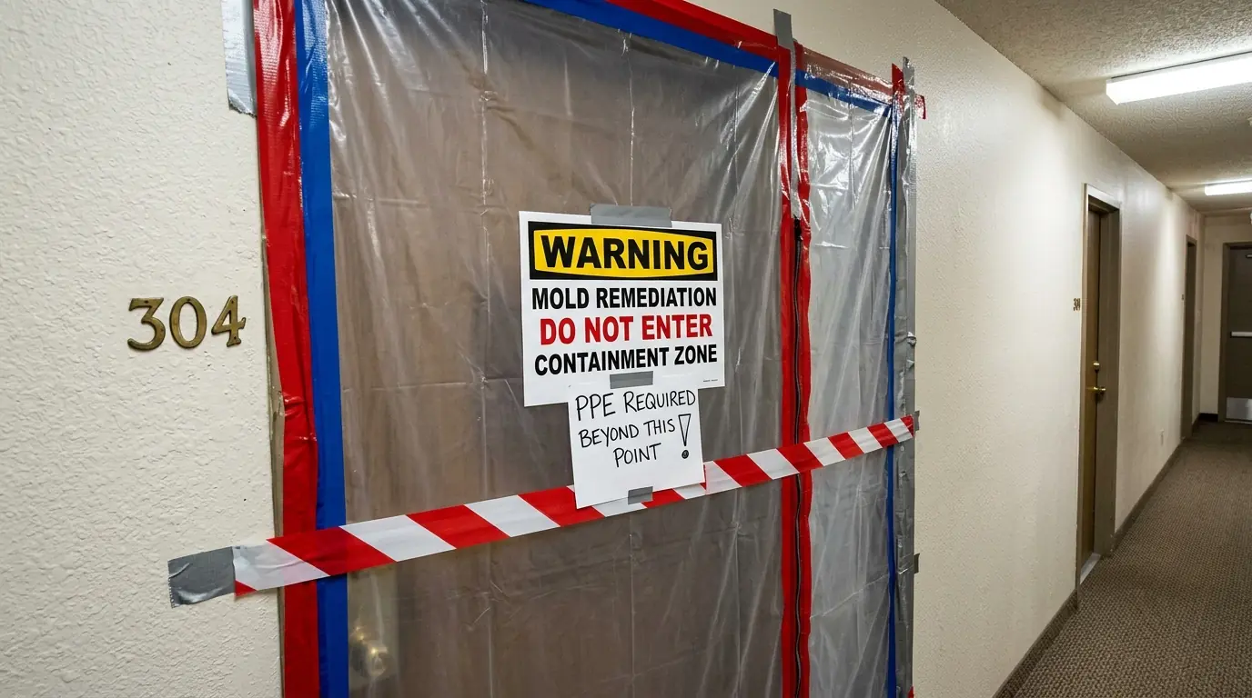 Containment and sign on an apartment door during mold work