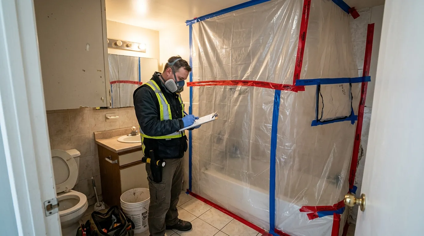 Mold assessor taking notes beside containment in a bathroom