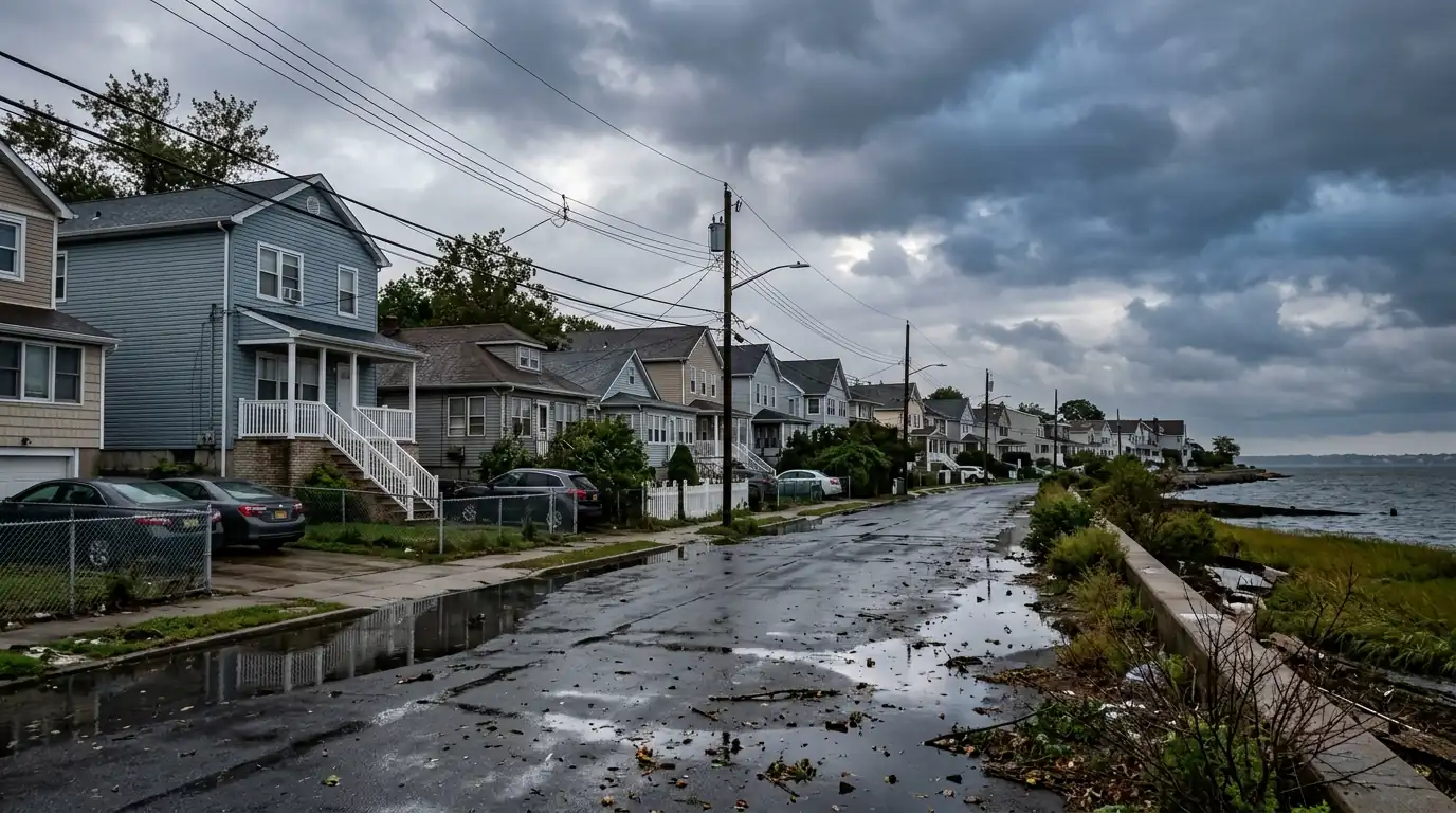 Detached houses on a Staten Island shore street after a storm