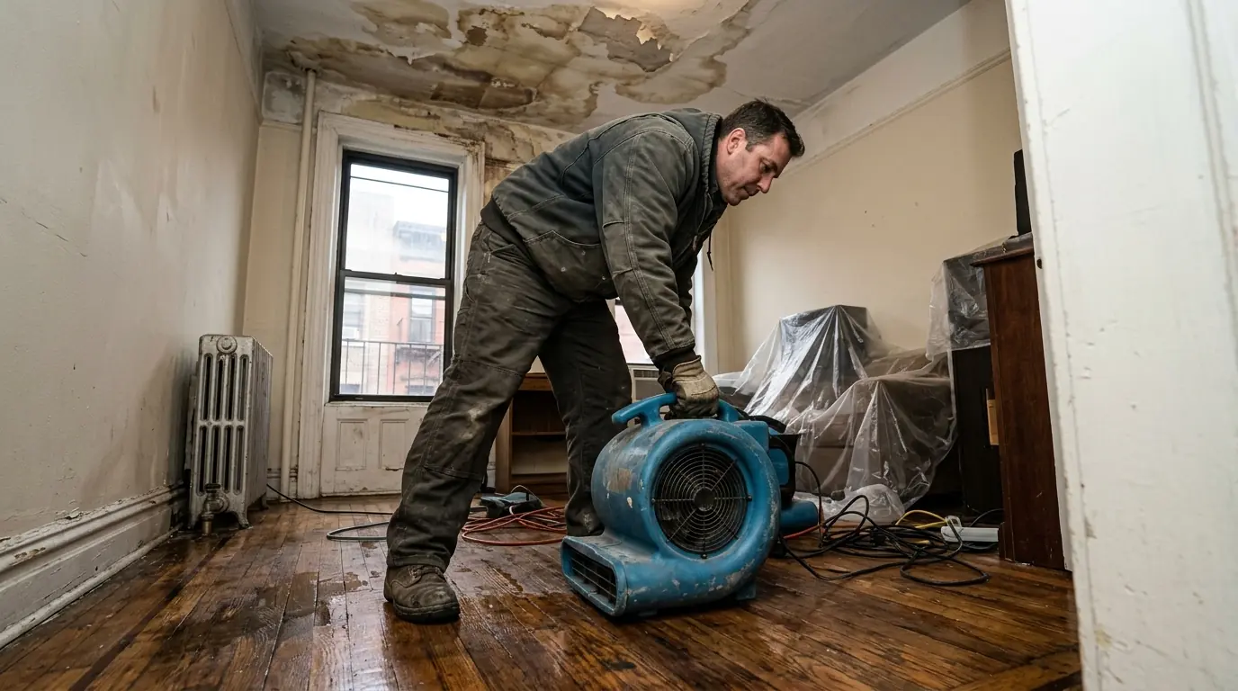 Drying equipment on a wet oak floor in a New York apartment