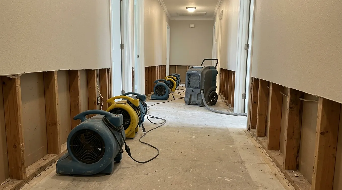 Air movers and a dehumidifier drying a hallway