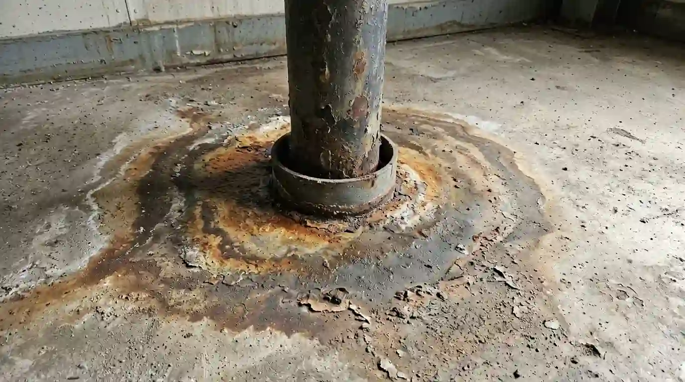 Water staining around a steam riser at the floor