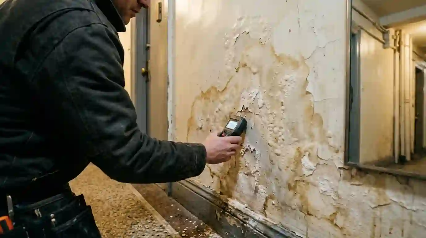 Moisture reading on a stained plaster wall in a New York apartment