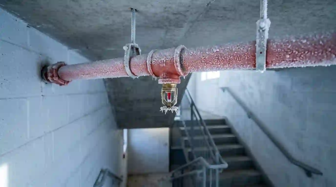 Frost on a sprinkler pipe in an unheated stairwell