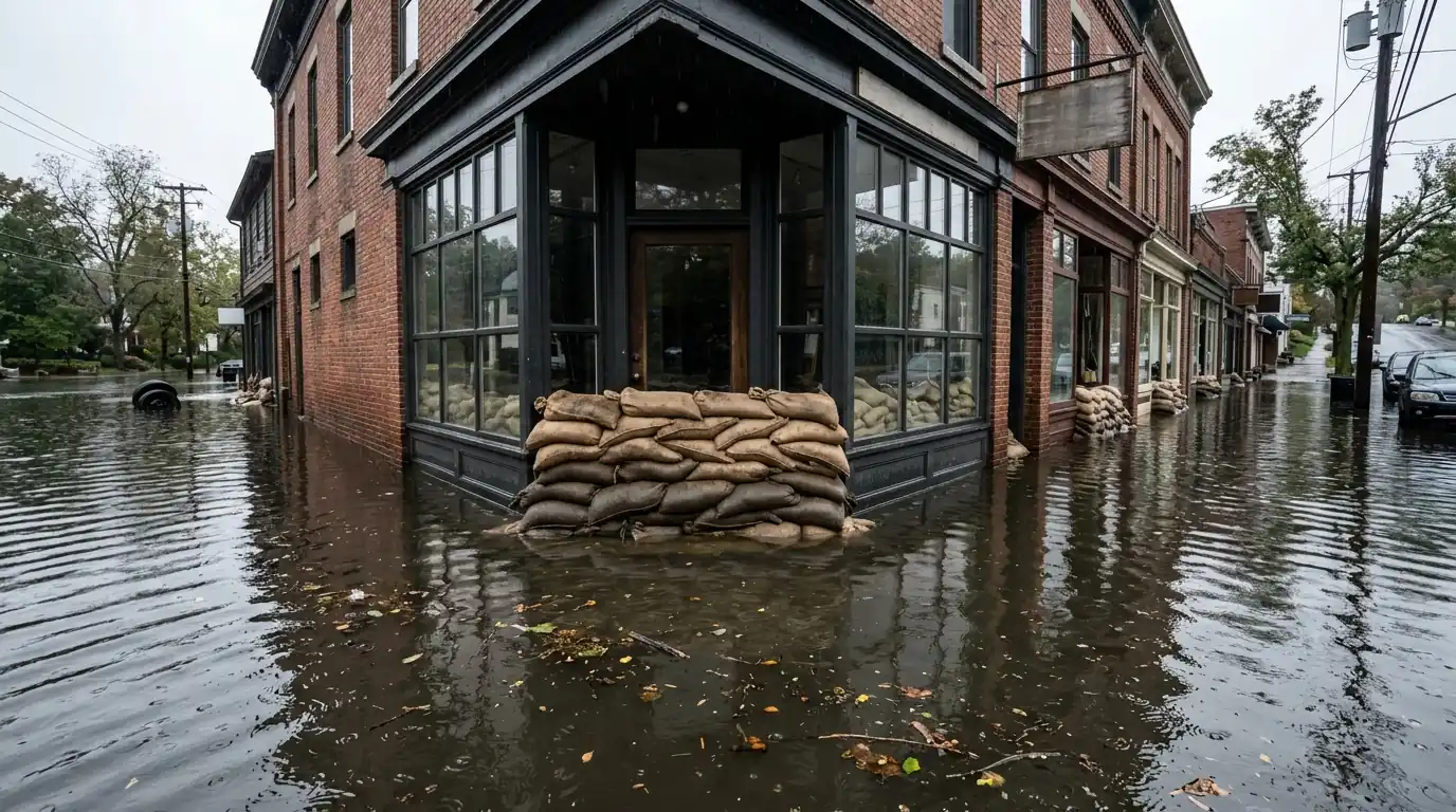 Flooded village shopfront in Westchester County