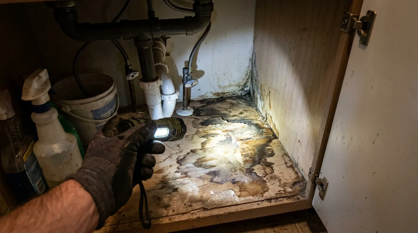 Checking under a kitchen sink for a leak