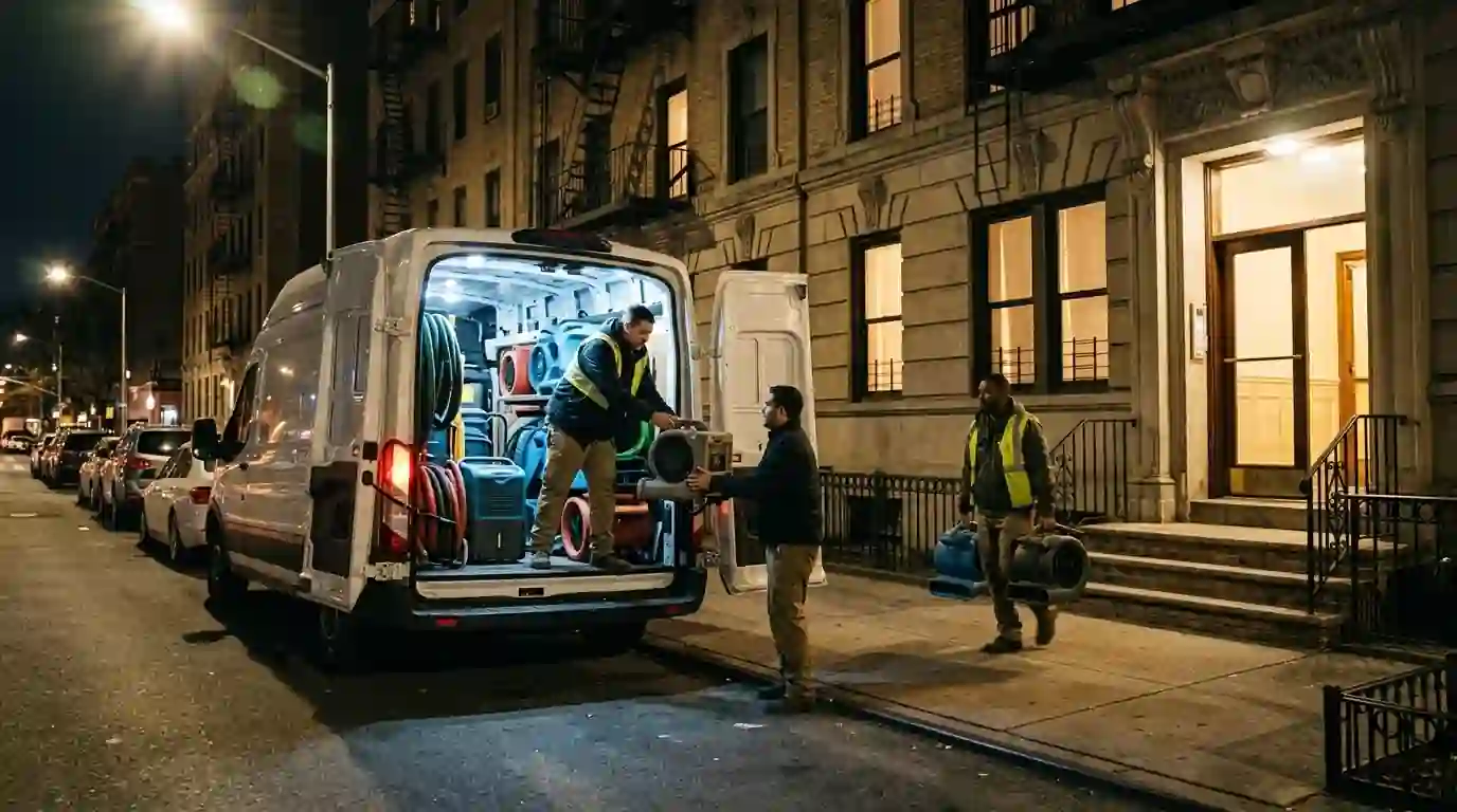 Crew unloading drying equipment outside an apartment building at night