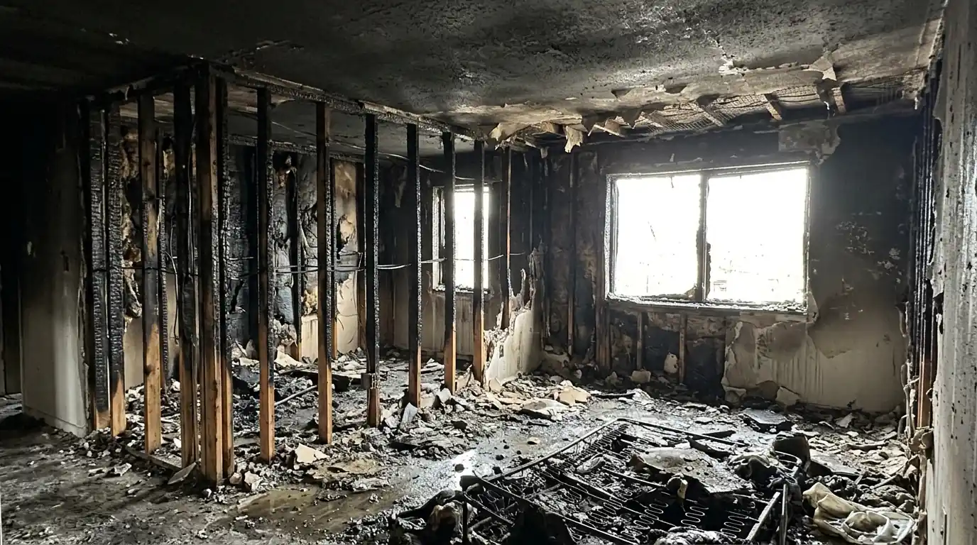 Charred wall studs after an apartment fire