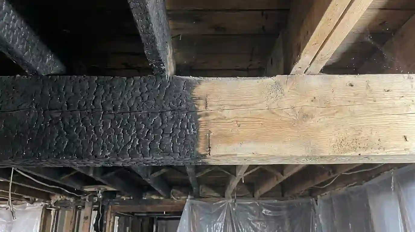 Soda-blasted strip on a charred joist