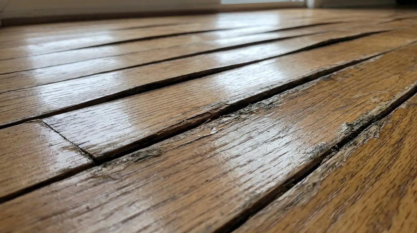 Cupped strip oak boards after a leak