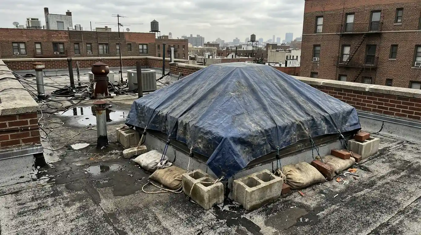 Tarp secured over a skylight on a flat roof