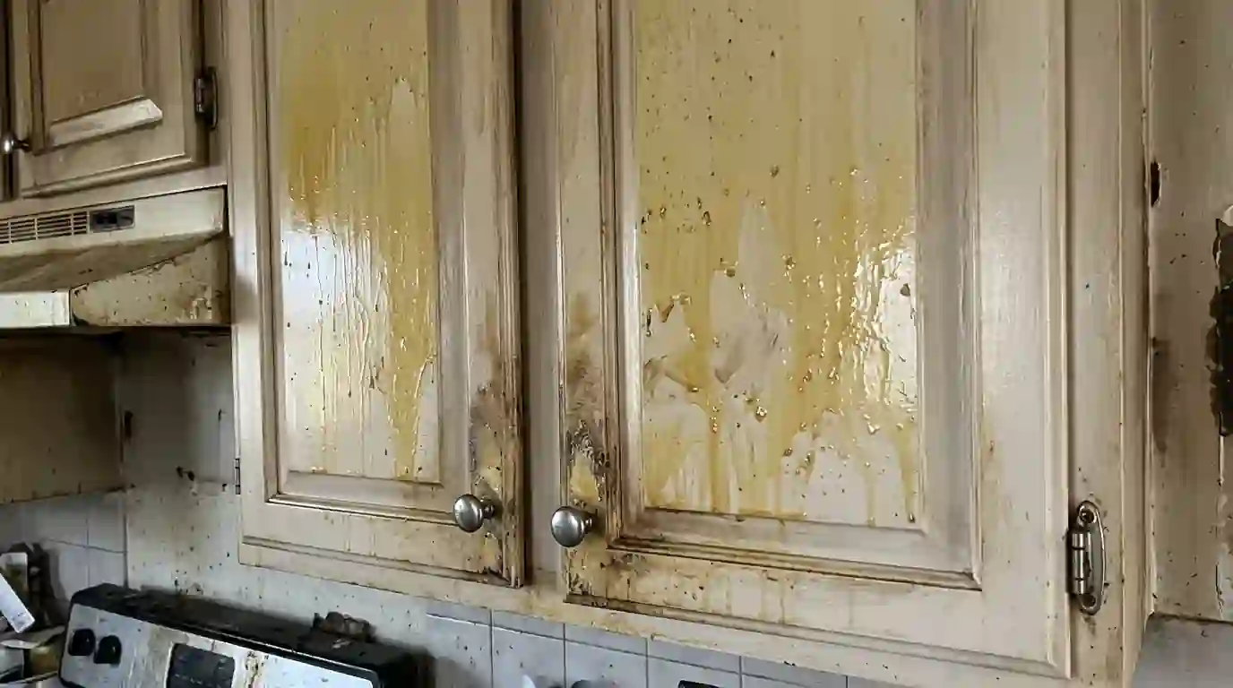 Protein residue on kitchen cabinets after a cooking fire