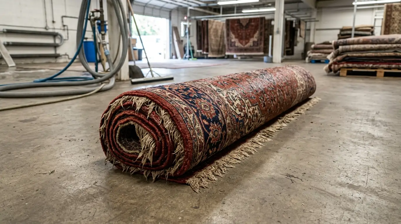 Rolled wet area rug ready for cleaning