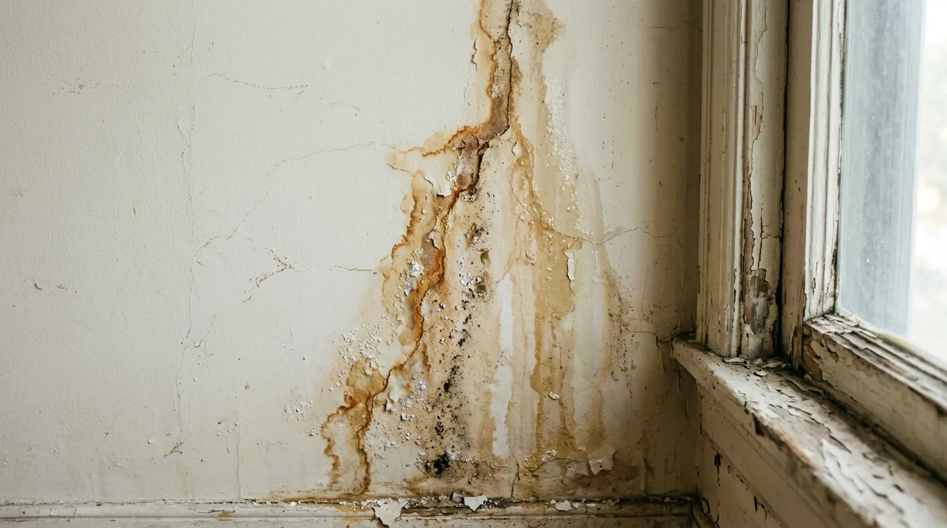Water stain beside an elevator in a hallway